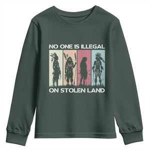 No One is Illegal on Stolen Land Youth Sweatshirt Native American Indigenous TS14 Dark Forest Green Print Your Wear
