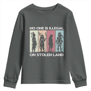 No One is Illegal on Stolen Land Youth Sweatshirt Native American Indigenous TS14 Dark Heather Print Your Wear
