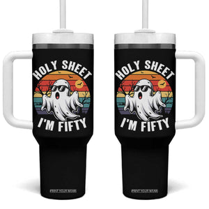 50th Birthday Halloween Ghost Tumbler With Handle Holy Sheet I'm Fifty
