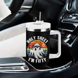 50th Birthday Halloween Ghost Tumbler With Handle Holy Sheet I'm Fifty