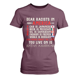 Dear Racists in America You Live On is Native American T Shirt For Women Anti Racism Indigenous Political Humor TS14 Maroon Print Your Wear