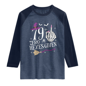 80th Birthday Halloween Raglan Shirt 79 Plus Middle Finger Zero Hexes Given Gift For Women TS14 Heather Denim Navy Print Your Wear