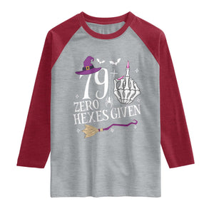 80th Birthday Halloween Raglan Shirt 79 Plus Middle Finger Zero Hexes Given Gift For Women TS14 Heather Gray Heather Red Print Your Wear