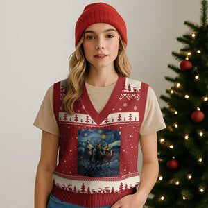 Three Kings V-Neck Knit Sweater Vest Nativity Scene Starry Night Christian Xmas TS14 Red Beige Print Your Wear