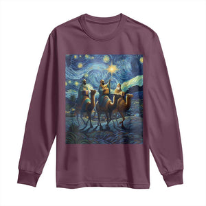 Three Kings Long Sleeve Shirt Nativity Scene Starry Night Christian Christmas TS14 Maroon Print Your Wear