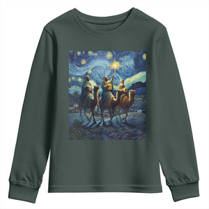 Three Kings Youth Sweatshirt Nativity Scene Starry Night Christian Christmas TS14 Dark Forest Green Print Your Wear