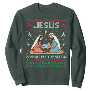Nativity Scene Christmas Sweatshirt Baby Jesus Christian Xmas TS14 Dark Forest Green Print Your Wear