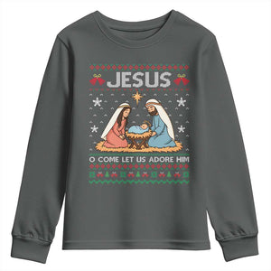 Nativity Scene Christmas Youth Sweatshirt Baby Jesus Christian Xmas TS14 Dark Heather Print Your Wear