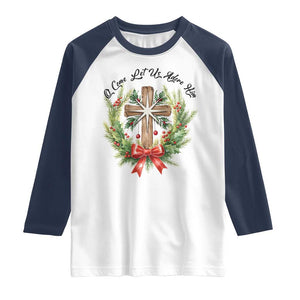 Cross Christmas Raglan Shirt O Come Let Us Adove Him TS14 White Navy Print Your Wear