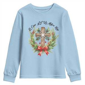 Cross Christmas Youth Sweatshirt O Come Let Us Adove Him TS14 Light Blue Print Your Wear