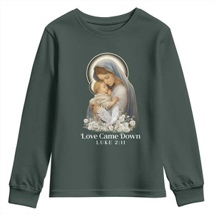 Christian Christmas Youth Sweatshirt Love Came Down Luke 2:11 TS14 Dark Forest Green Print Your Wear