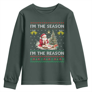 Jesus Christmas Youth Sweatshirt Santa With Jesus Baby Reason Xmas TS14 Dark Forest Green Print Your Wear
