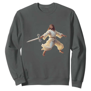 Funny Fencing Jesus Sweatshirt Combat Sport Christan Lover TS14 Dark Heather Print Your Wear