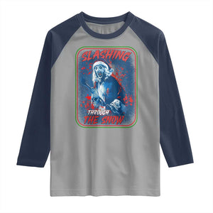 Terrifier Santa Christmas Raglan Shirt Slashing Through The Snow TS14 Sport Gray Navy Print Your Wear