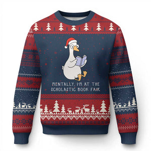 Silly Goose Bookish Xmas Ugly Christmas Sweater Mentally I Am At The Scholastic Book Fair TS14 Navy Red Print Your Wear