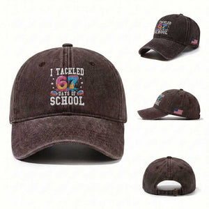 67 Days Of School Washed Cotton Baseball Cap Six Seven Sports American Football Ice Cream Drip TS14 Washed Cap Universal Fit Dark Brown Print Your Wear
