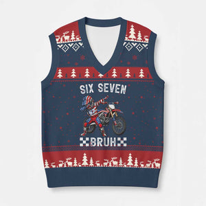 67 Bruh Meme V-Neck Knit Sweater Vest Funny Six Seven Dirt Bike Patriotic American Flag TS14 Navy Red Print Your Wear