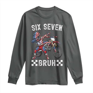67 Bruh Meme Long Sleeve Shirt Funny Six Seven Dirt Bike Patriotic American Flag TS14 Dark Heather Print Your Wear