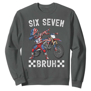 67 Bruh Meme Sweatshirt Funny Six Seven Dirt Bike Patriotic American Flag TS14 Dark Heather Print Your Wear