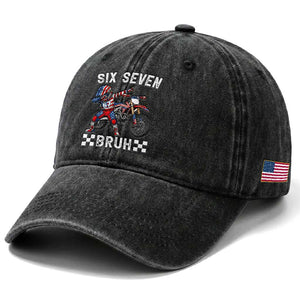 67 Bruh Meme Washed Cotton Baseball Cap Funny Six Seven Dirt Bike Patriotic American Flag TS14 Print Your Wear