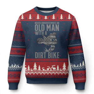 Funny Dirt Bike Motocross Ugly Christmas Sweater Never Underestimate An Old Man With A Dirt Bike Motocross TS14 Navy Red Print Your Wear