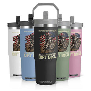 Dirt Bike American Flag Flip Straw Tumbler Never Underestimate An Old Man With A Dirt Bike Motocross TS14 Print Your Wear