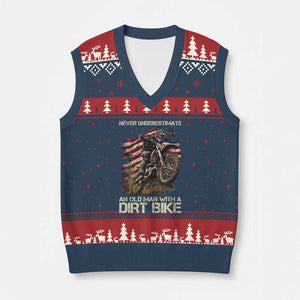 Dirt Bike American Flag V-Neck Knit Sweater Vest Never Underestimate An Old Man With A Dirt Bike Motocross TS14 Navy Red Print Your Wear