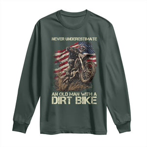 Dirt Bike American Flag Long Sleeve Shirt Never Underestimate An Old Man With A Dirt Bike Motocross TS14 Dark Forest Green Print Your Wear
