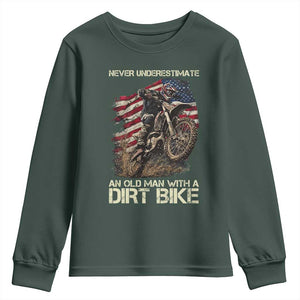 Dirt Bike American Flag Youth Sweatshirt Never Underestimate An Old Man With A Dirt Bike Motocross TS14 Dark Forest Green Print Your Wear