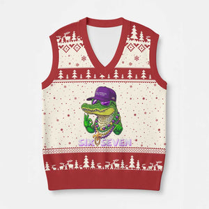 Mardi Gras Alligator V-Neck Knit Sweater Vest Funny Six Seven MAGA Political Meme TS14 Beige Red Print Your Wear