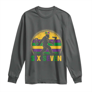 Mardi Gras Bigfoot Long Sleeve Shirt Funny Six Seven Meme Carnival Trendy TS14 Dark Heather Print Your Wear