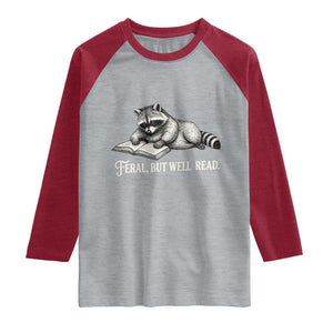 Feral But Well Read Raglan Shirt Funny Raccoon Reading Book Lover TS14 Heather Gray Heather Red Print Your Wear