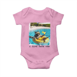 I Live Here Now Raccoon Baby Onesie Funny Summer Vacation Meme TS14 Light Pink Print Your Wear