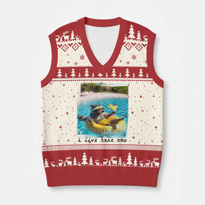 I Live Here Now Raccoon V-Neck Knit Sweater Vest Funny Summer Vacation Meme TS14 Beige Red Print Your Wear