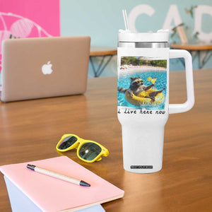 I Live Here Now Raccoon Tumbler With Handle Funny Summer Vacation Meme TS14 Print Your Wear
