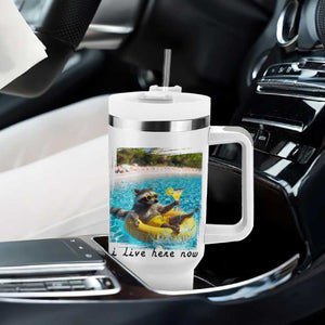 I Live Here Now Raccoon Tumbler With Handle Funny Summer Vacation Meme TS14 Print Your Wear