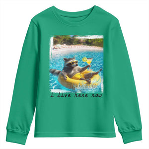 I Live Here Now Raccoon Youth Sweatshirt Funny Summer Vacation Meme TS14 Irish Green Print Your Wear