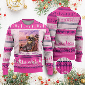 Feral Girl Summer Ugly Christmas Sweater Funny Raccoon Summer Beach Meme TS14 Hot Pink Print Your Wear