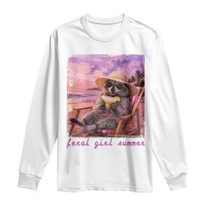Feral Girl Summer Long Sleeve Shirt Funny Raccoon Summer Beach Meme TS14 White Print Your Wear