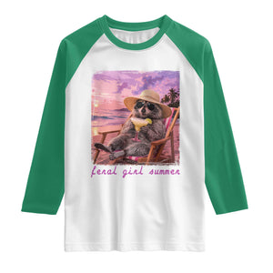 Feral Girl Summer Raglan Shirt Funny Raccoon Summer Beach Meme TS14 White Kelly Green Print Your Wear