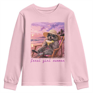 Feral Girl Summer Youth Sweatshirt Funny Raccoon Summer Beach Meme TS14 Light Pink Print Your Wear