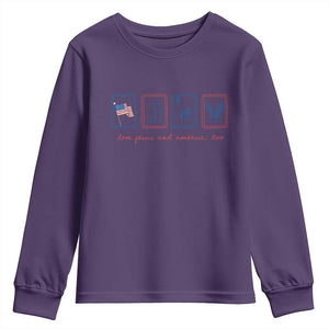 Loves Jesus and America Too Youth Sweatshirt 4th of July Christian TS14 Purple Print Your Wear