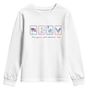 Loves Jesus and America Too Youth Sweatshirt 4th of July Christian TS14 White Print Your Wear
