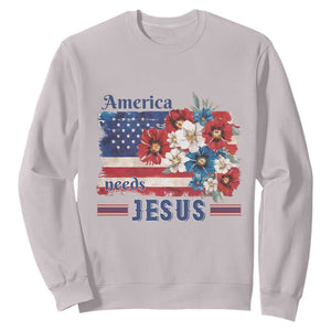 America Needs Jesus Sweatshirt Christian Floral US Flag 4th of July TS14 Ice Gray Print Your Wear