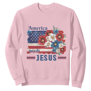 America Needs Jesus Sweatshirt Christian Floral US Flag 4th of July TS14 Light Pink Print Your Wear