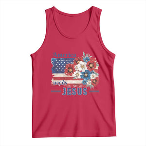America Needs Jesus Tank Top Christian Floral US Flag 4th of July TS14 Red Print Your Wear