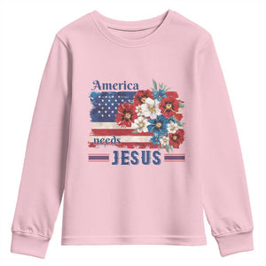 America Needs Jesus Youth Sweatshirt Christian Floral US Flag 4th of July TS14 Light Pink Print Your Wear
