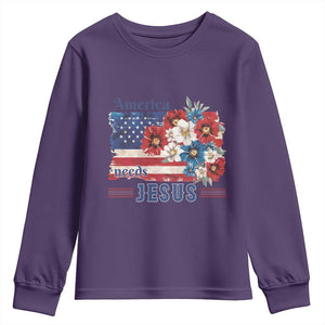 America Needs Jesus Youth Sweatshirt Christian Floral US Flag 4th of July TS14 Purple Print Your Wear