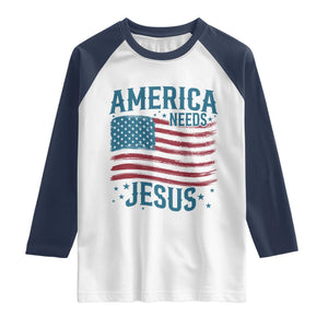 America Needs Jesus Raglan Shirt 4th of July Christian TS14 White Navy Print Your Wear