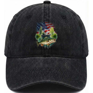 Bass Fishing Patriotic American Flag Washed Cotton Baseball Cap TS14 Washed Cap Universal Fit Black Print Your Wear